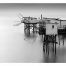 Carte postale panoramique des carrelets de la Gironde en oir et blanc