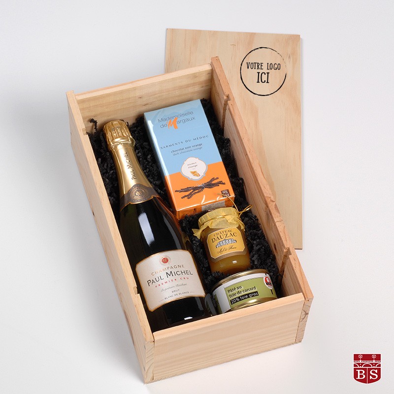 Coffret Gourmet avec 1 bouteille Vin + Chocolat + Foie Gras