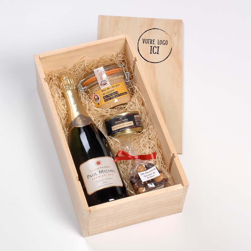 Coffret gourmand Champagne et Félicitation en caisse de bois